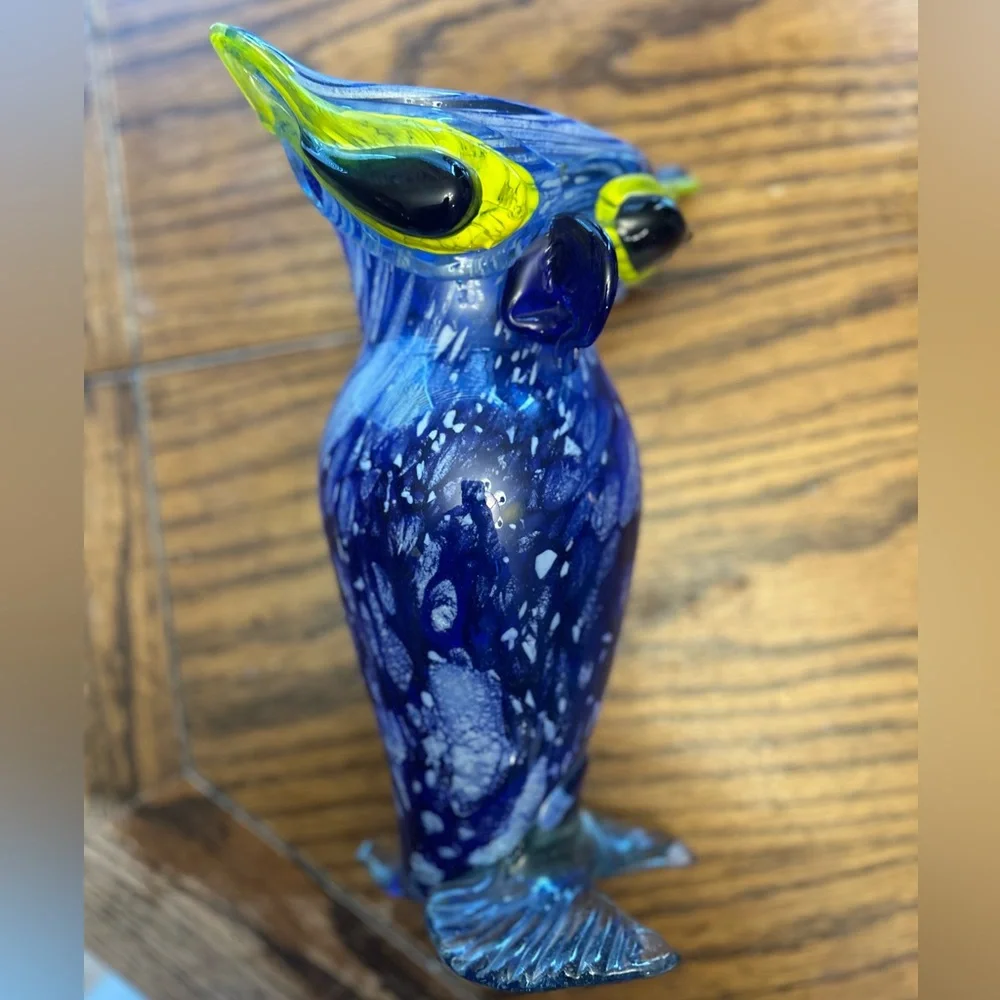 Vintage Murano Glass Hand Blown 12 Inch Tall Blue and Yellow Decorative Owl Vase